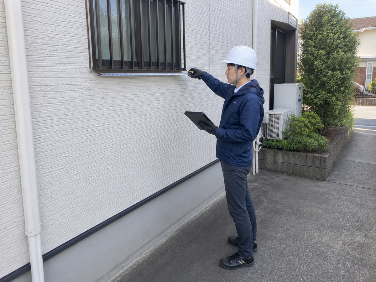 現地調査で外壁を測定し記録するスタッフ
